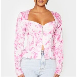Pretty Little Thing Pink Porcelain Print Woven Zip Front Long Sleeve Cor…